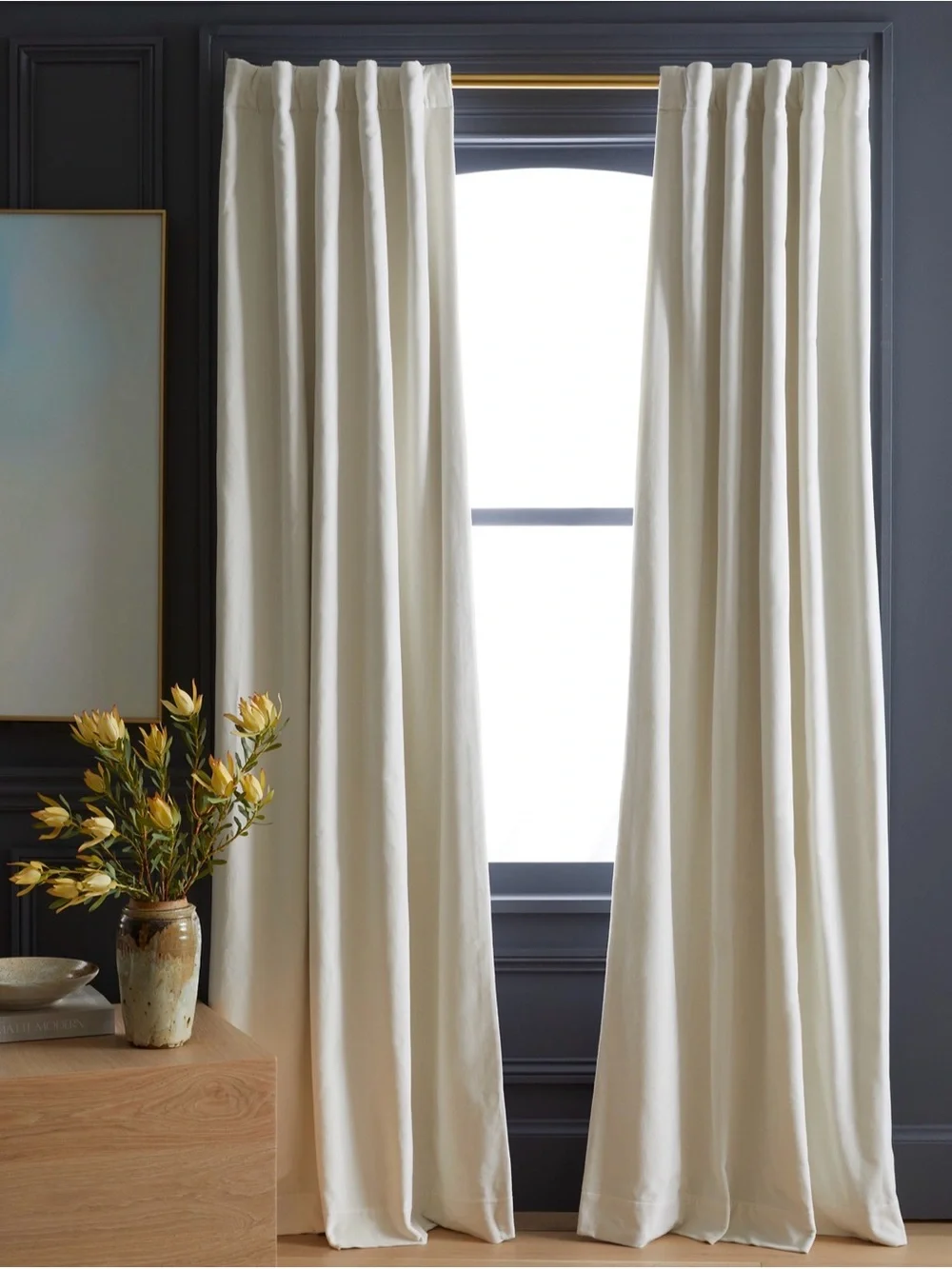Quince Cotton Velvet Room Darkening Curtain in Ivory 48x108